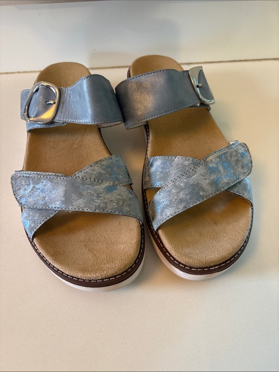 Remonte Shoes - Women's Remonte Light Blue Metallic Slide Sandals with Buckle Size 41 Euro